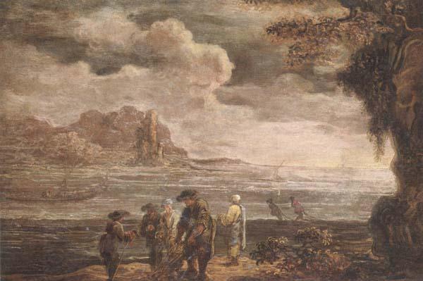unknow artist A coastal landscape with fishermen drawing in their nets oil painting picture